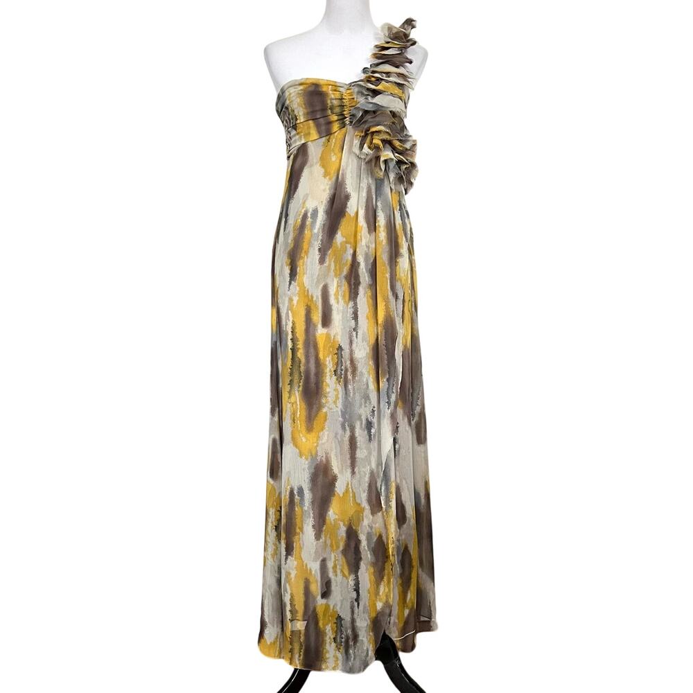 Ryu Chiffon Maxi Dress One Shoulder Ruffles Yellow Gray Women’s Sz Large
